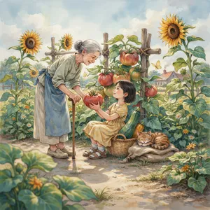 A child and elder tending oversized vegetables in a garden. Reproduce the artistic style of Studio Ghibli, with their distinctive character proportions and detailed plant illustrations. - Ideogram Ideogram 4.0 (Quality)