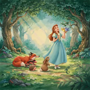 A classic Disney-like 2D cartoon princess singing with animals in a forest. - Ideogram Ideogram 4.0 (Quality)