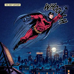 A comic-book style superhero flying over a city at night, with halftone shading. - Ideogram Ideogram 4.0 (Quality)