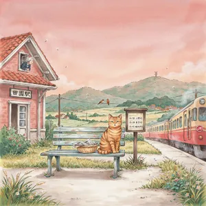 A countryside train station with a cat waiting on a bench. Rendered in Studio Ghibli animation style with Miyazaki's watercolor backgrounds and hand-drawn quality. - Ideogram Ideogram 4.0 (Quality)