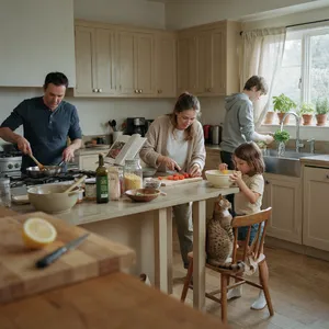 A family cooking together in a kitchen, each person busy with a different task. - Ideogram Ideogram 4.0 (Quality)