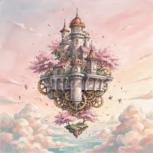 A floating steampunk castle in the sky with intricate mechanical gears and cherry blossom trees, illustrated in Hayao Miyazaki's Castle in the Sky (1986) art style with watercolor textures and detailed line work. - Ideogram Ideogram 4.0 (Quality)