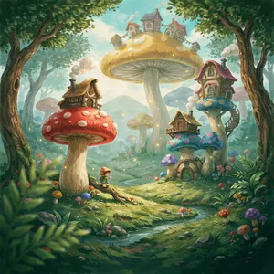 A forest of giant mushrooms with houses built on top of them, rendered in a whimsical Studio Ghibli-inspired art style with vibrant colors and fantastical details. - Ideogram Ideogram 4.0 (Quality)