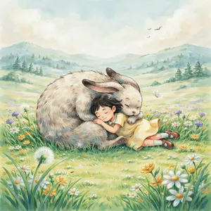 A girl and a giant fluffy creature napping in a wildflower meadow. Reproduce the art style of 'My Neighbor Totoro' by Studio Ghibli, with Miyazaki's soft character designs. - Ideogram Ideogram 4.0 (Quality)