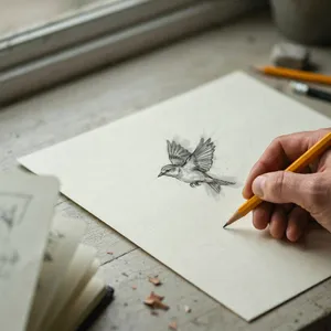 A hand drawing a sketch on paper with a pencil, the hand and pencil tip in clear focus. - Ideogram Ideogram 4.0 (Quality)