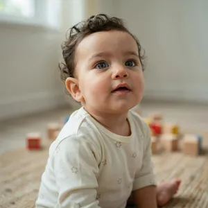 A hyper-realistic photo of a toddler with curly hair and big eyes, looking upward. - Ideogram Ideogram 4.0 (Quality)