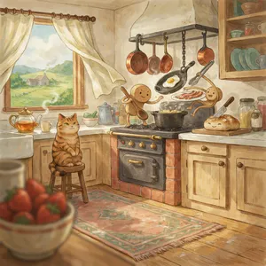 A kitchen with magical cooking implements preparing breakfast. Duplicate the artistic style of Studio Ghibli's domestic scenes, with Miyazaki's detailed settings and warm lighting. - Ideogram Ideogram 4.0 (Quality)
