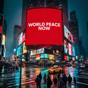 A large storefront billboard at Times Square displaying the slogan “WORLD PEACE NOW” in bold, clear letters, amidst a vibrant cityscape at night. - Ideogram Ideogram 4.0 (Quality)