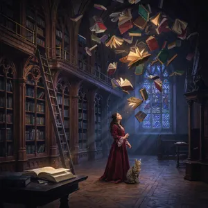 A library where the books are glowing and floating in mid-air, illustrated in a magical realism style with dramatic lighting and rich atmospheric colors. - Ideogram Ideogram 4.0 (Quality)