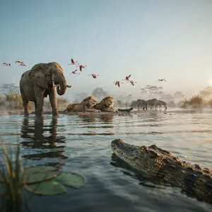 A misty dawn at an African savanna watering hole where elephants, lions, and zebras coexist in tense harmony, with a crocodile partially submerged in the foreground and flamingos taking flight in the background, golden hour lighting. - Ideogram Ideogram 4.0 (Quality)