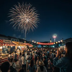 A nighttime festival with fireworks in the sky, food stalls lined up, and crowds mingling. - Ideogram Ideogram 4.0 (Quality)