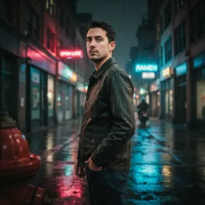 A nighttime portrait of a man lit by neon signs on a city street. - Ideogram Ideogram 4.0 (Quality)