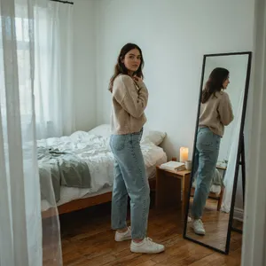 A person standing before a mirror, with their front and reflected back both visible. - Ideogram Ideogram 4.0 (Quality)