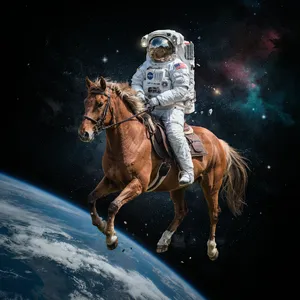 A realistic astronaut being ridden by a horse, photorealistic depiction in outer space with accurate lighting and proportions - Ideogram Ideogram 4.0 (Quality)