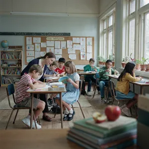 A school classroom of children and a teacher, each student engaged in a different activity. - Ideogram Ideogram 4.0 (Quality)