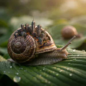 A snail whose shell contains a miniature city skyline, depicted in a hyperrealistic macro photography style with intricate architectural details and ambient lighting. - Ideogram Ideogram 4.0 (Quality)