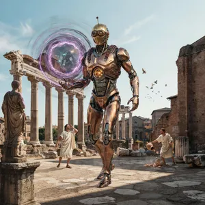 A steampunk robot time-traveling in ancient Rome, depicted in a detailed cinematic style that blends historical accuracy with copper and brass retrofuturistic aesthetics. - Ideogram Ideogram 4.0 (Quality)