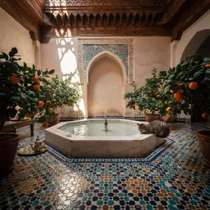 A traditional Moroccan riad courtyard with detailed zellige tilework, flowing fountain, citrus trees, and ornate woodwork. Morning light casting intricate shadow patterns. - Ideogram Ideogram 4.0 (Quality)