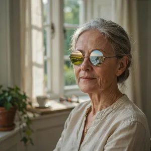 A ultra high-resolution portrait of an elderly woman with silver hair and bifocal glasses, each lens reflecting a distant landscape, captured in warm late-afternoon sunlight - Ideogram Ideogram 4.0 (Quality)