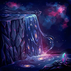A waterfall that pours out stars and galaxies instead of water, illustrated in a cosmic fantasy style with vibrant space colors and dramatic lighting effects. - Ideogram Ideogram 4.0 (Quality)