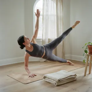 A yoga practitioner in a complex pose, arms and legs fully extended (full-body view). - Ideogram Ideogram 4.0 (Quality)