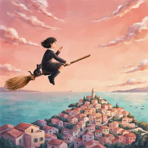 A young witch flying on a broomstick above a coastal town at sunset. Exact art style of 'Kiki's Delivery Service' by Studio Ghibli, with Miyazaki's character design and warm colors. - Ideogram Ideogram 4.0 (Quality)