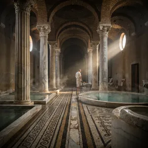 An ancient Roman bathhouse interior with accurate architectural details - marble columns, mosaic floors, arched ceilings, and steam rising from pools. Natural light from oculus openings. - Ideogram Ideogram 4.0 (Quality)