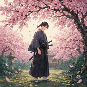 An anime-style portrait of a samurai standing under pink cherry blossoms. - Ideogram Ideogram 4.0 (Quality)