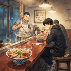 An anime scene of a character eating ramen at a small shop counter (slice-of-life style). - Ideogram Ideogram 4.0 (Quality)