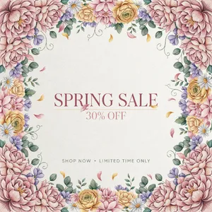 Instagram post graphic: 'SPRING SALE 30% OFF'. Floral background, pastel colors, elegant serif font style visually integrated. - Ideogram Ideogram 4.0 (Quality)