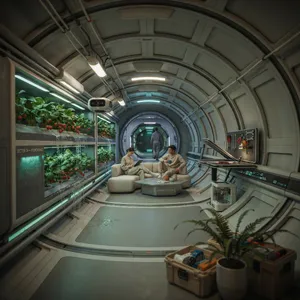 Interior of a futuristic space habitat with hydroponics gardens, communal areas, and living quarters. Show curved walls, artificial gravity considerations, and multipurpose furniture designs. - Ideogram Ideogram 4.0 (Quality)