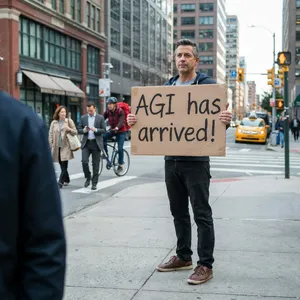 Photorealistic daytime street photograph, clearly showing a man standing still on a busy urban street corner holding a rectangular cardboard sign clearly facing camera, handwritten bold black marker text clearly readable as 