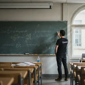Photorealistic depiction of a man wearing a clearly visible black OpenAI-branded T-shirt. He is standing at the front of a university lecture hall, writing complex mathematics and AI-related equations across a large, dusty chalkboard filled with notation - Ideogram Ideogram 4.0 (Quality)