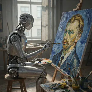 Photorealistic image of a robot painting a realistic self-portrait (i.e. the robot) on canvas, mimicking Van Gogh’s art style; clear, realistic metallic textures and painting details visible - Ideogram Ideogram 4.0 (Quality)
