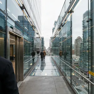 Photorealistic rendering of a contemporary glass skybridge between two skyscrapers, seen from inside with city views visible through glass walls and floor. Show accurate reflections and structural details. - Ideogram Ideogram 4.0 (Quality)