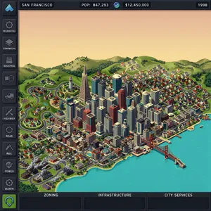 Pixel art cityscape of San Francisco in the iconic SimCity 2000 style, isometric view, detailed skyscrapers, residential areas, clearly identifiable Golden Gate Bridge, Coit Tower, Transamerica Pyramid, surrounded by the classic SimCity 2000 UI elements - Ideogram Ideogram 4.0 (Quality)