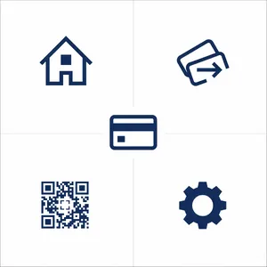 Set of 5 consistent flat design icons for a mobile banking app: 'Home', 'Transfer', 'Account', 'Scan QR', 'Settings'. Monochrome dark blue. - Ideogram Ideogram 4.0 (Quality)