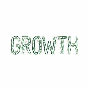 The word 'GROWTH' visualized using stylized plant vines organically forming the letters, green tones, white background, graphic design. - Ideogram Ideogram 4.0 (Quality)