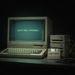 Vintage Apple II computer with green monochrome CRT screen, displaying 'END OF WORLD PROCEDURES' in green text. Two external floppy drives stacked on the right, labeled disk II with rainbow Apple logos. Beige casing, black background, retro aesthetic. - Ideogram Ideogram 4.0 (Quality)
