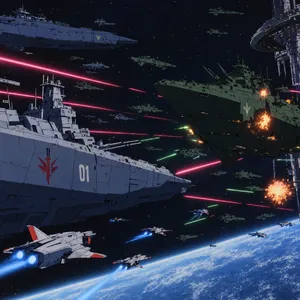 A 90s anime-style space battle scene with giant starships and laser beams. - OpenAI GPT Image 2.5 Flare