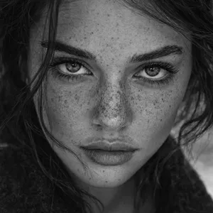 A black and white close-up portrait of a freckled woman with an intense gaze. - OpenAI GPT Image 2.5 Flare