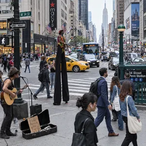 A busy city intersection with cars, pedestrians, and street performers all in one frame. - OpenAI GPT Image 2.5 Flare