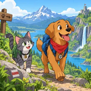 A cartoon of a cat and a dog on an adventure, drawn in a colorful 2D style. - OpenAI GPT Image 2.5 Flare