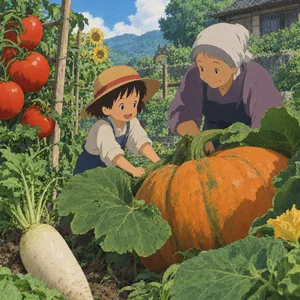 A child and elder tending oversized vegetables in a garden. Reproduce the artistic style of Studio Ghibli, with their distinctive character proportions and detailed plant illustrations. - OpenAI GPT Image 2.5 Flare