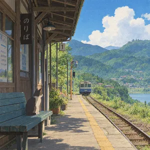 A countryside train station with a cat waiting on a bench. Rendered in Studio Ghibli animation style with Miyazaki's watercolor backgrounds and hand-drawn quality. - OpenAI GPT Image 2.5 Flare