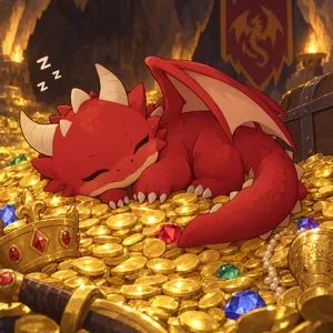 A cute chibi-style dragon sleeping on a pile of gold. - OpenAI GPT Image 2.5 Flare