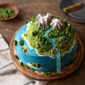 A dessert cake that looks like a tiny planet, complete with miniature trees and mountains, photographed in a professional food photography style with tilt-shift focus effect. - OpenAI GPT Image 2.5 Flare