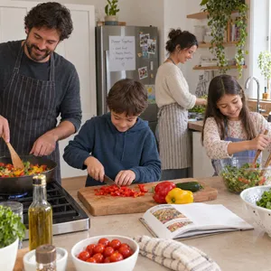 A family cooking together in a kitchen, each person busy with a different task. - OpenAI GPT Image 2.5 Flare