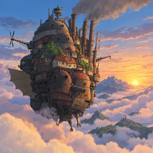 A flying castle floating in clouds at sunrise. Match the visual aesthetic of 'Howl's Moving Castle' by Studio Ghibli, with Miyazaki's blend of steampunk elements and fantasy. - OpenAI GPT Image 2.5 Flare