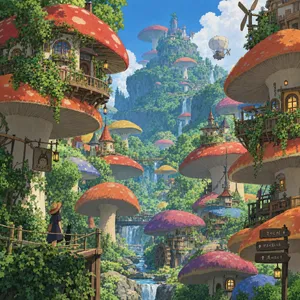 A forest of giant mushrooms with houses built on top of them, rendered in a whimsical Studio Ghibli-inspired art style with vibrant colors and fantastical details. - OpenAI GPT Image 2.5 Flare